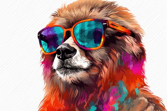  a close up of a dog with sunglasses on it's face and a background of multicolored paint splattered in the shape of the dog's eyes.