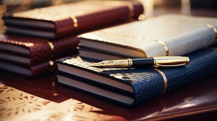 A close-up of a fountain pen resting on a stack of leather-bound notebooks, exuding an air of...