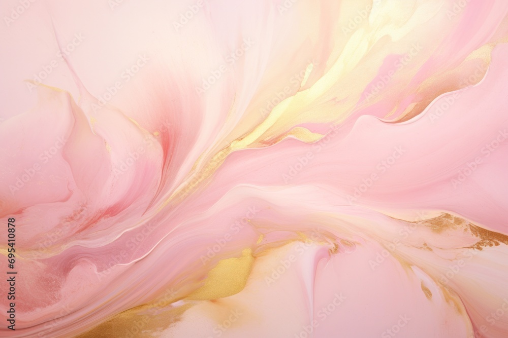 Poster a close up of a pink and yellow fluid paint with a gold stripe on the bottom and bottom of the fluid