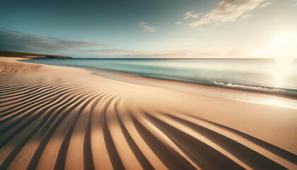 An empty beach with smooth sand and a clear horizon. - obrazy, fototapety, plakaty