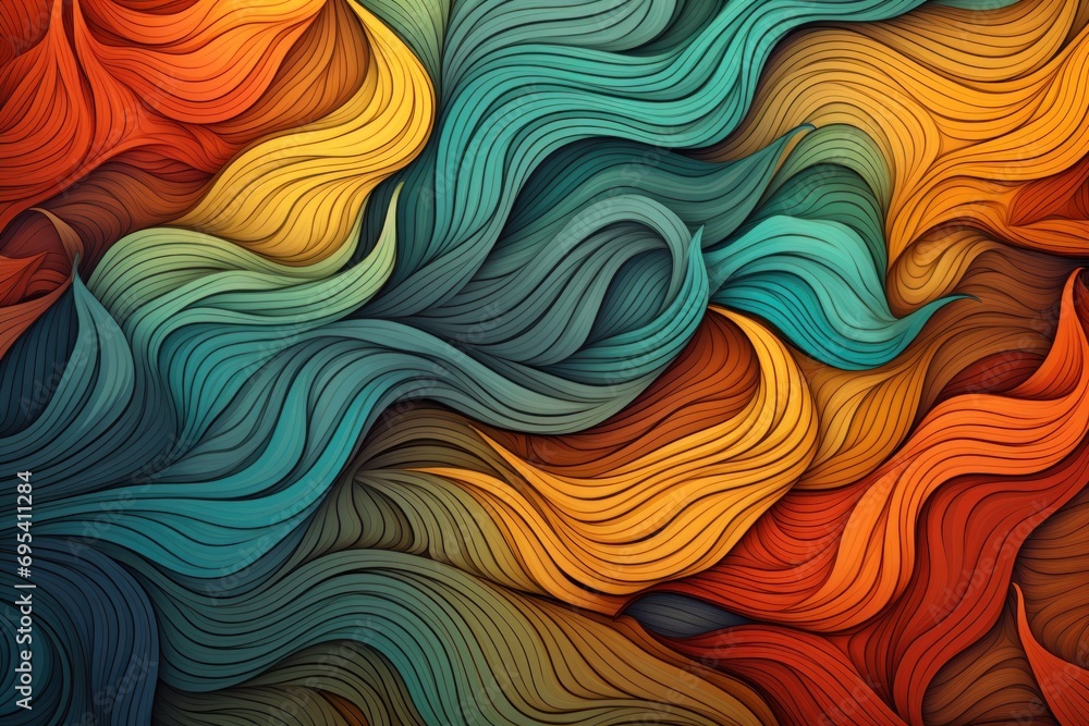 Poster a multicolored abstract background with wavy lines in the shape of a wave, with a blue, yellow, red,