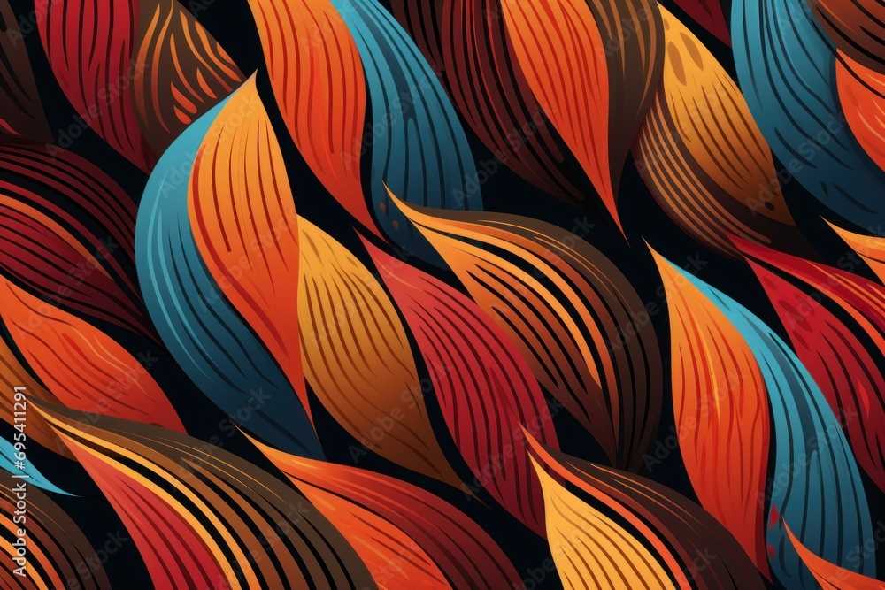 Poster  a close up of a colorful pattern of wavy lines on a blue, red, orange and black background, with a diagonal pattern of wavy lines on the top of the bottom half of the image.