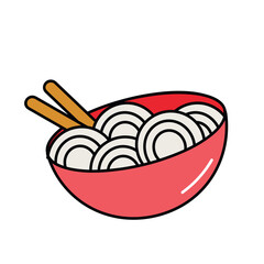 Soup of food colorful set. This dinner-themed masterpiece combines elegant design with the comfort of a bowl of noodles soup, set against a pure white background. Vector illustration.