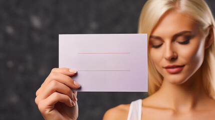 Woman Holding White Card With Red Stripe. Mockup Card