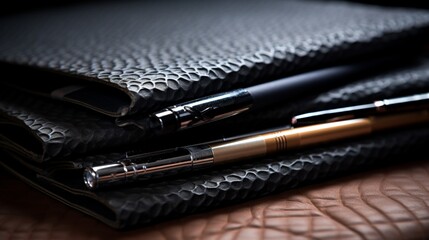 A close-up of a stylish, modern pen resting on a stack of designer notebooks with unique textures