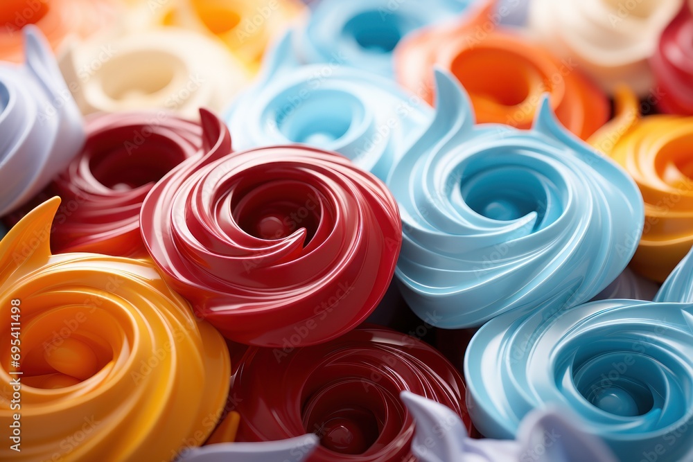 Poster a close up of a bunch of different colors of rolled up paper with a black one in the middle of the m
