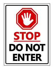 Stop, do not enter. Octagon shape red ban sign with open palm  hand inside. Text below.