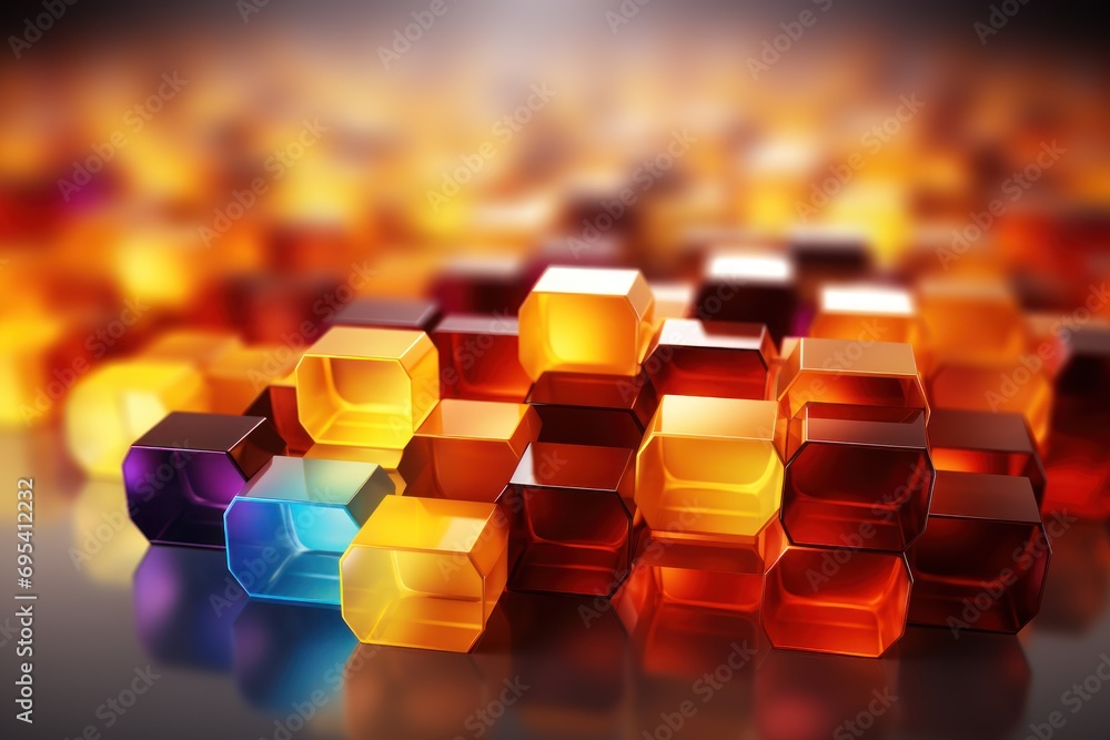 Poster a group of colorful cubes sitting next to each other on a reflective surface with a bright light shi
