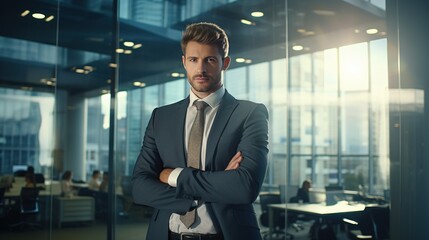 Naklejka na ściany i meble A confident corporate man in a modern office, surrounded by sleek technology and glass windows, exuding professionalism and success