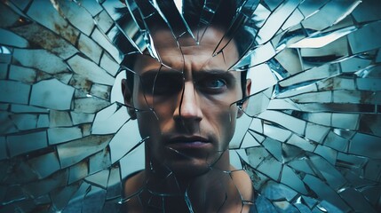 A fragmented self-portrait of a person staring into a shattered mirror, capturing the complex emotions and struggles of mental illness - obrazy, fototapety, plakaty