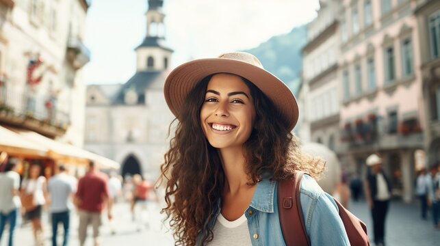 A delighted female tourist exploring a charming European town, her radiant smile capturing the essence of wanderlust