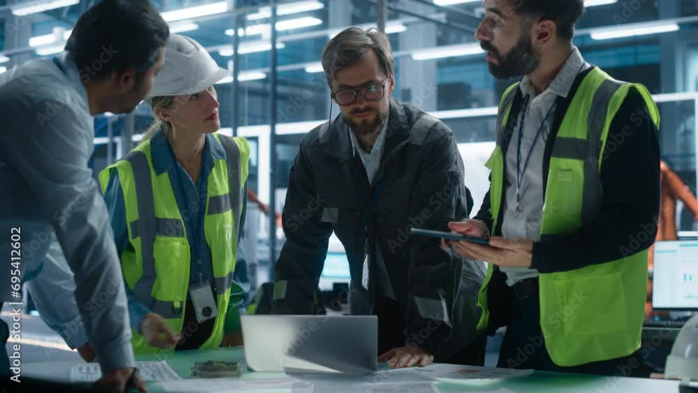 Aufkleber Meeting At Industrial Factory Office: Diverse Aerospace Engineers Using Laptop And Tablet With Blueprints For New Sustainable Jet Engine. Facility With Autonomous Assembly Line With Robotic Arms.