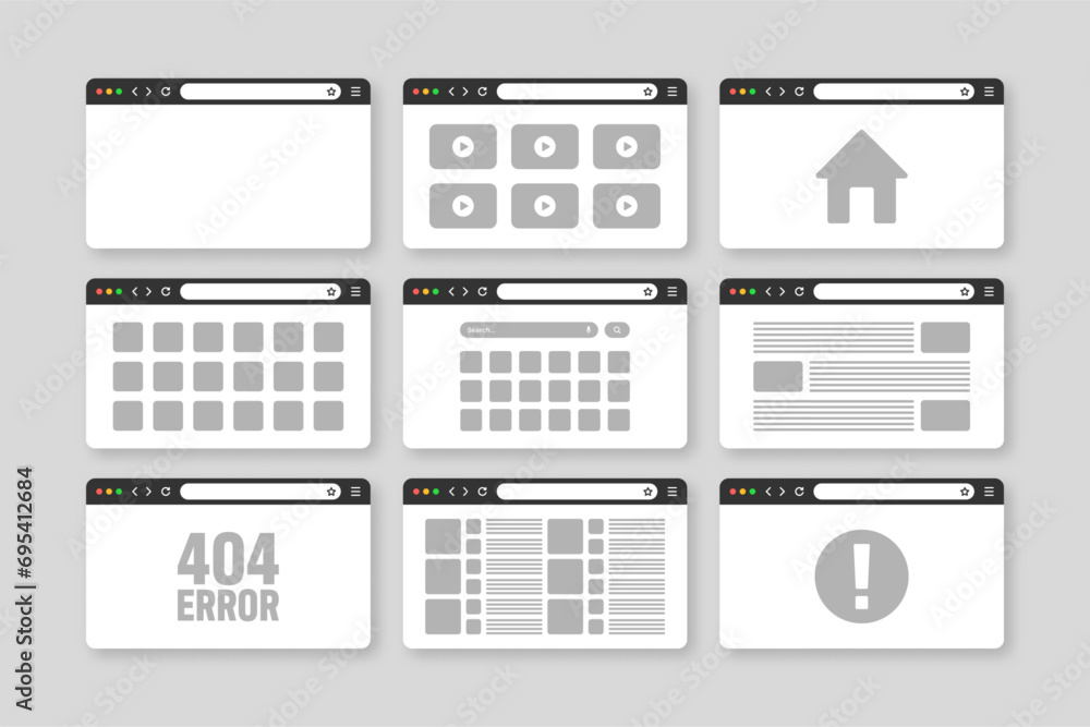 Poster web browser window, pages layout with toolbar and search field. modern website, internet page in fla
