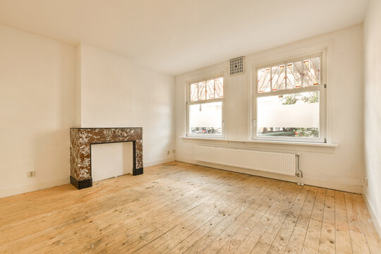 Living room with wood floor and fireplace
