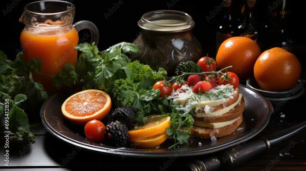 Poster a plate topped with fruit and vegetables next to a pitcher of orange juice and a pitcher of orange j