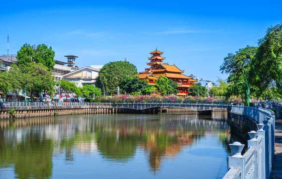 View of the ancient Buddhist pagoda named Phap Hoa located next to Nhieu Loc canal in Ho Chi Minh City, Vietnam.
