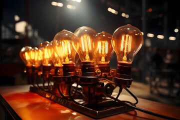 Group of antique edison light bulbs glowing in the dark with copy space