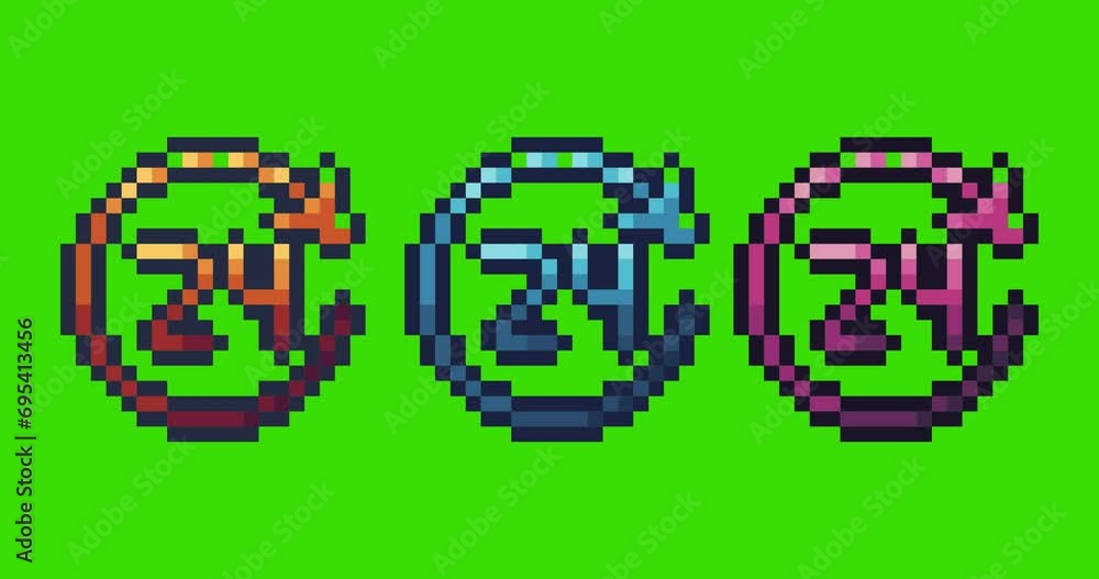Poster green screen of 24hours,24hours icon bits pixel slowly appeared and dissappeared. simple animation f