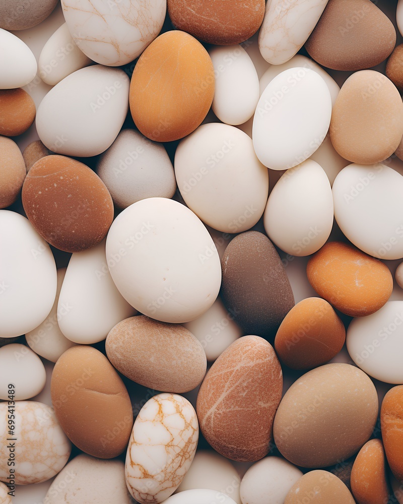 Poster a soothing aesthetic background featuring an array of smooth pebbles in elegant beige and pastel ton
