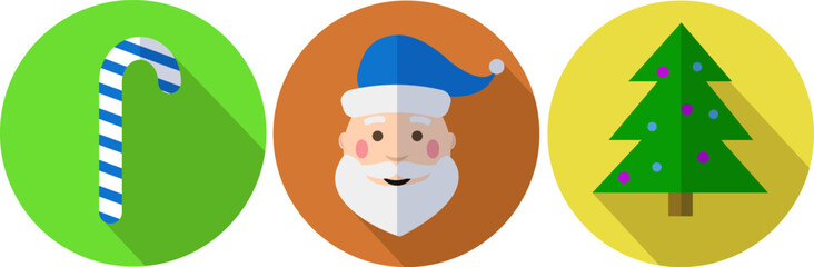 Round Christmas icons with Santa Claus on a white background. Santa Claus, striped reed and Christmas tree in round icons of green and orange and yellow on a white background. Vector. Graphics. Illust
