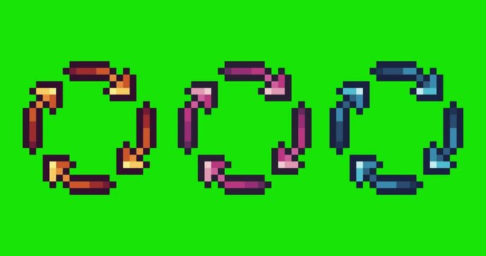 Green screen of recycle, recycle icon bits pixel slowly appeared and dissappeared. Simple animation from pixel dots form sets of recycle icon . Usefull for game asset or design asset animate.
