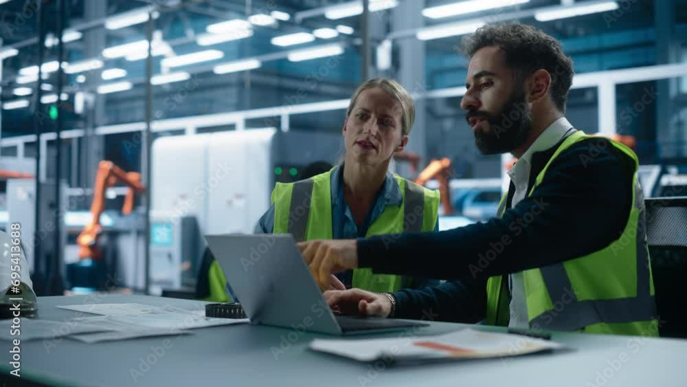 Poster factory office: caucasian female quality control technician talks to hispanic male industrial engine