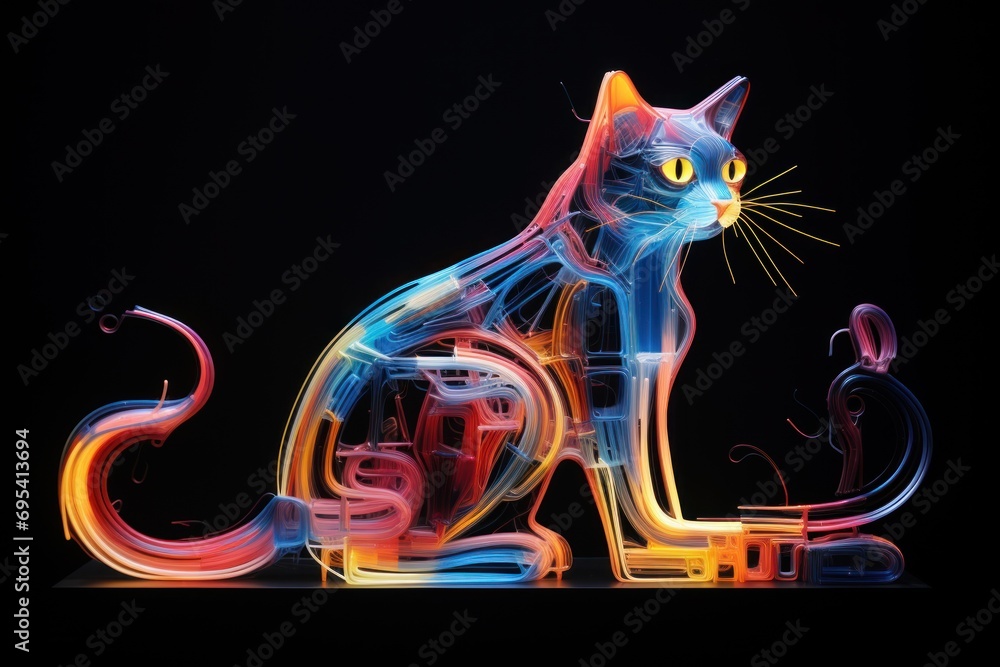 Poster a neon cat sitting on top of a table next to a black background and a black background with a neon c