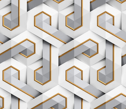 Futuristic 3D geometric pattern composed of hexagons with a luxurious white, gray and gold color resembling an intricate mosaic
