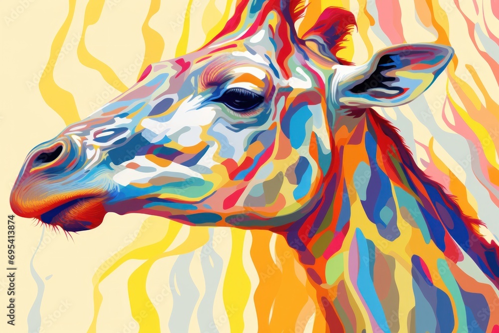 Poster a close up of a giraffe's face with a multicolored pattern on the back of the giraffe's face and the