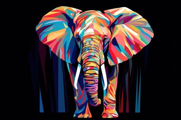  a colorful elephant standing in front of a black background with the colors of the rainbow on it's face and tusks on its tusks, and tusks, and tusks, and tusks, and tusks, and tusks,.