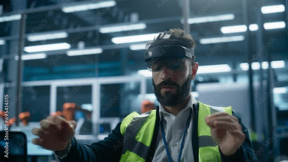 Poster Hispanic Male Industrial Engineer Sitting in Factory Office And Using Augmented Reality Headset To Adjust Autonomous Assembly Line With Robotic Arms. Man Gesturing, Using Futuristic Interface.