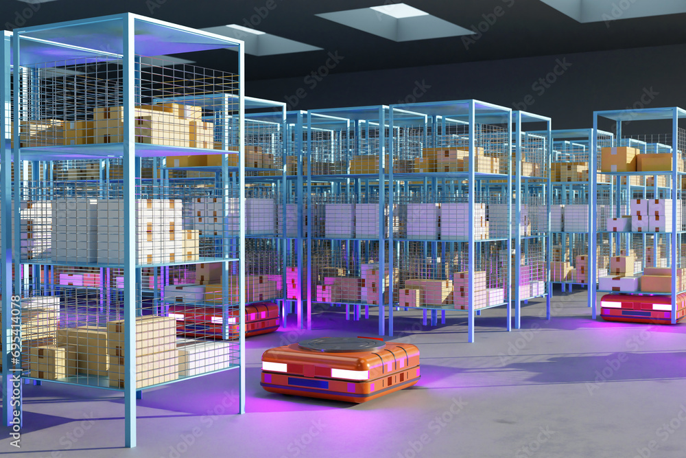 Poster robots near racks with parcels. retrieval machines for transpartments. autonomous distribution cente