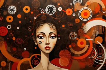  a painting of a woman's face with circles and circles around her and her hair in the middle of her face, and her eyes closed to the side.