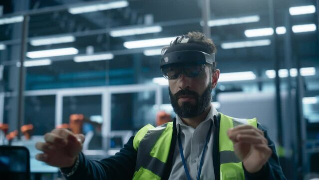 Hispanic Male Industrial Engineer Sitting in Factory Office And Using Augmented Reality Headset To Adjust Autonomous Assembly Line With Robotic Arms. Man Gesturing, Using Futuristic Interface.