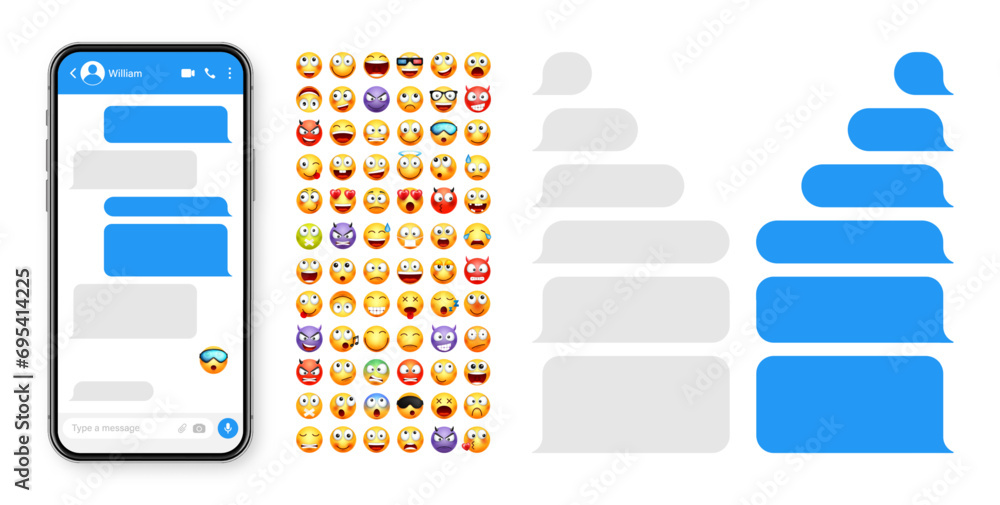 Poster smartphone messaging app, user interface design with emoji. sms text frame. chat screen with blue me