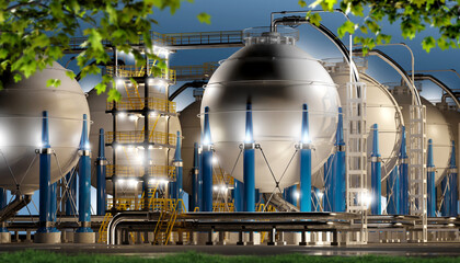 energy company equipment. Tanks for hydrogen storage. Production of clean energy from hydrogen. Tanks contain H2 to create electricity. Hydrogen power plant.  - obrazy, fototapety, plakaty