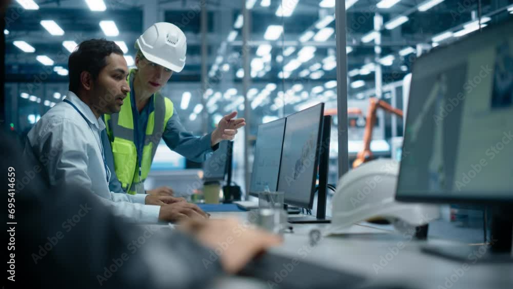 Poster factory office: indian male industrial engineer showing machine components 3d render to caucasian fe