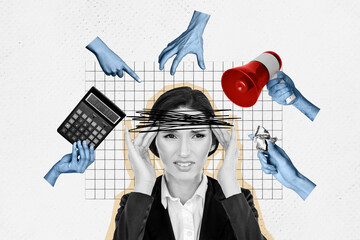 Creative template poster collage retro employee young lady stressed many tasks hands above deadline...