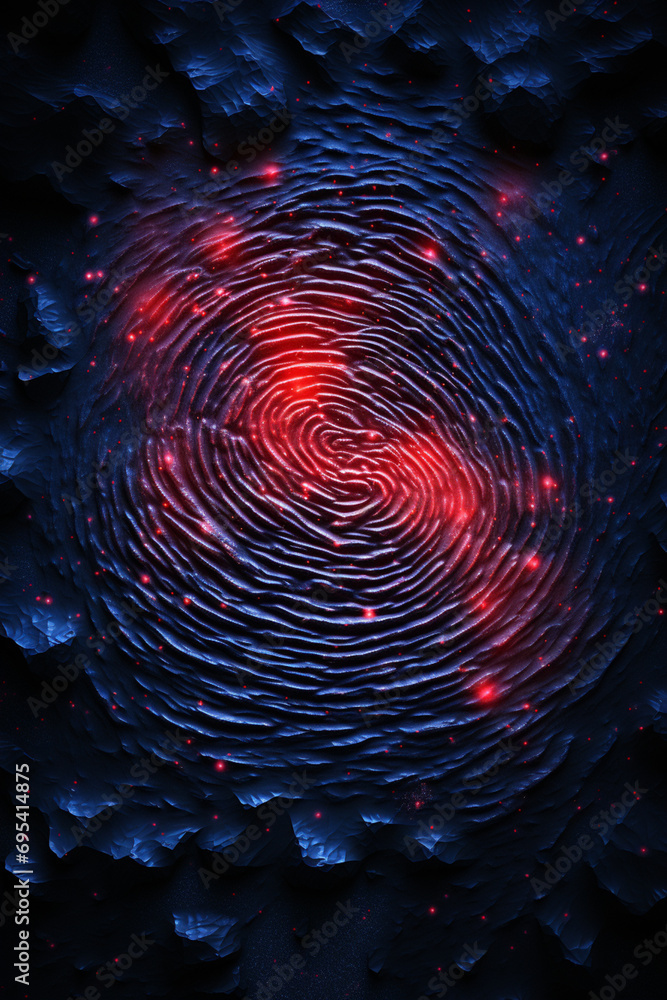 Poster stylized fingerprint with a neon glow effect on a dark, gritty texture.