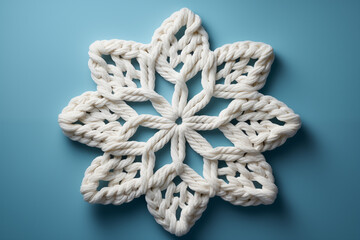 Knitted snowflake on a blue background.