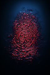 Stylized fingerprint with a neon glow effect on a dark, gritty texture.