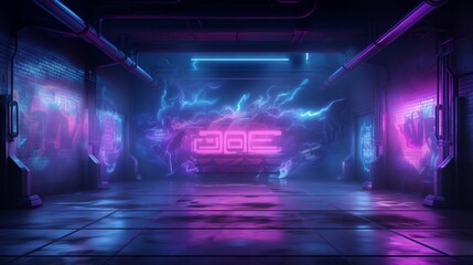 Sci Fi Futuristic Smoke Fog Neon Laser and graffiti art in Garage Room,blue pink violet neon...