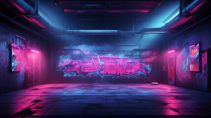 Sci Fi Futuristic Smoke Fog Neon Laser and graffiti art in Garage Room,blue pink violet neon abstract background,ultraviolet light,night club Cyber Undergound Warehouse Concrete Reflective Studio