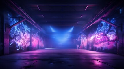 Sci Fi Futuristic Smoke Fog Neon Laser and graffiti art in Garage Room,blue pink violet neon...