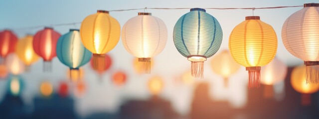 Colorful hanging lantern traditional Asian decor on blurred street. Chinese lantern festival. New...