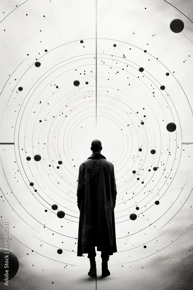 Poster Minimalist human form with a representation of celestial orbits inside.