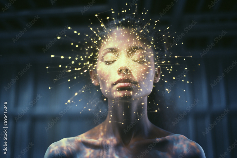 Poster a figure with an ethereal, star-filled aura, blending into the universe.
