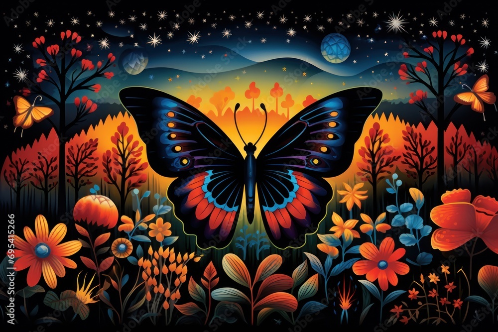 Poster a painting of a butterfly in a field of flowers and trees with a full moon in the sky in the backgro