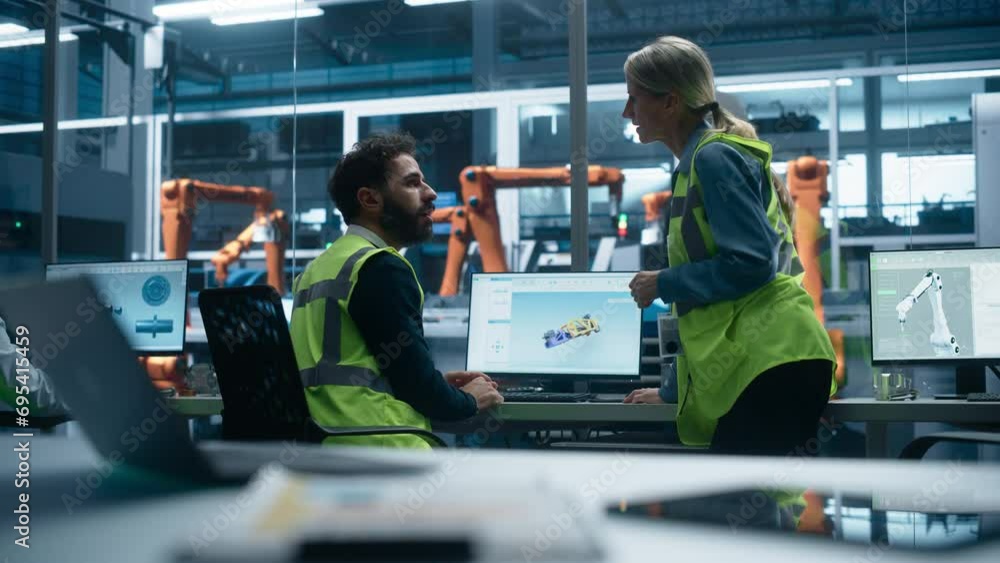 Fototapete Factory Office: Hispanic Male Industrial Engineer Showing Machine Component 3D Render To Caucasian Female Manager On Desktop Computer. Automated Robot Arm Assembly Line Manufacturing Machinery.