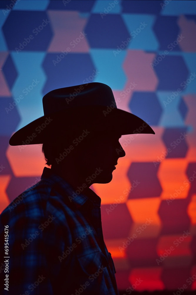 Poster abstract, geometric shapes creating a cowboy scene in the twilight.